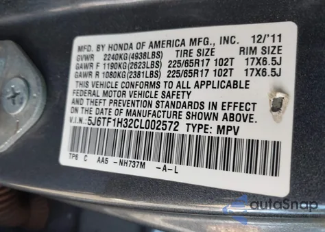 2012 Honda Crosstour Ex z USA, uszkodzony, nr VIN 5J6TF1H32CL002572